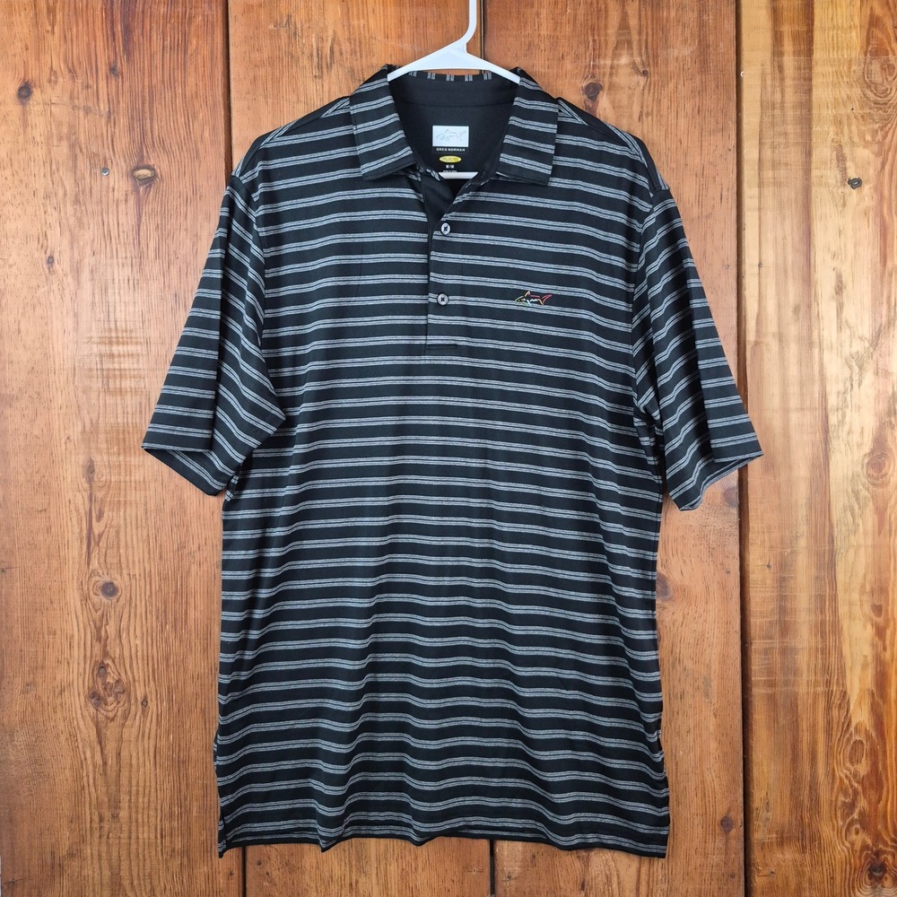 Greg Norman Play Dry Mens Medium Black Grey Striped Golf Polo Shirt M